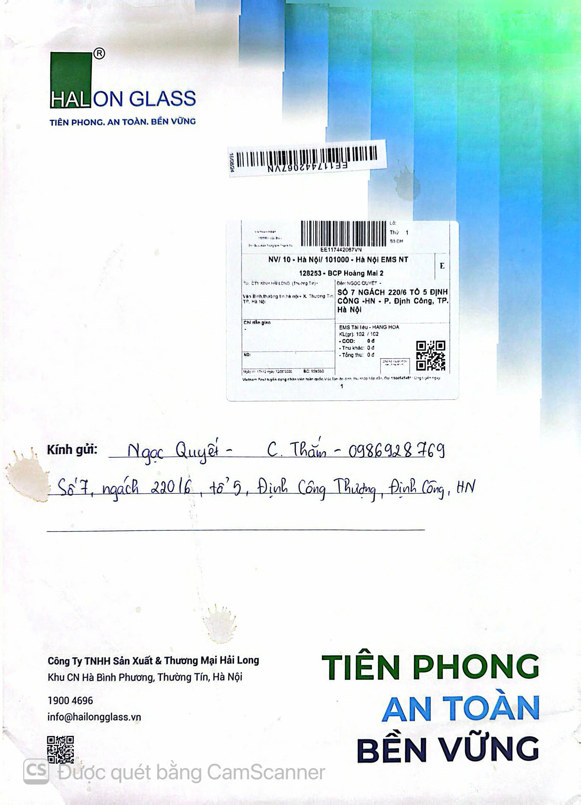 Chứng từ Hải Long Glass kèm phiếu chuyển phát và ghi chú người nhận
